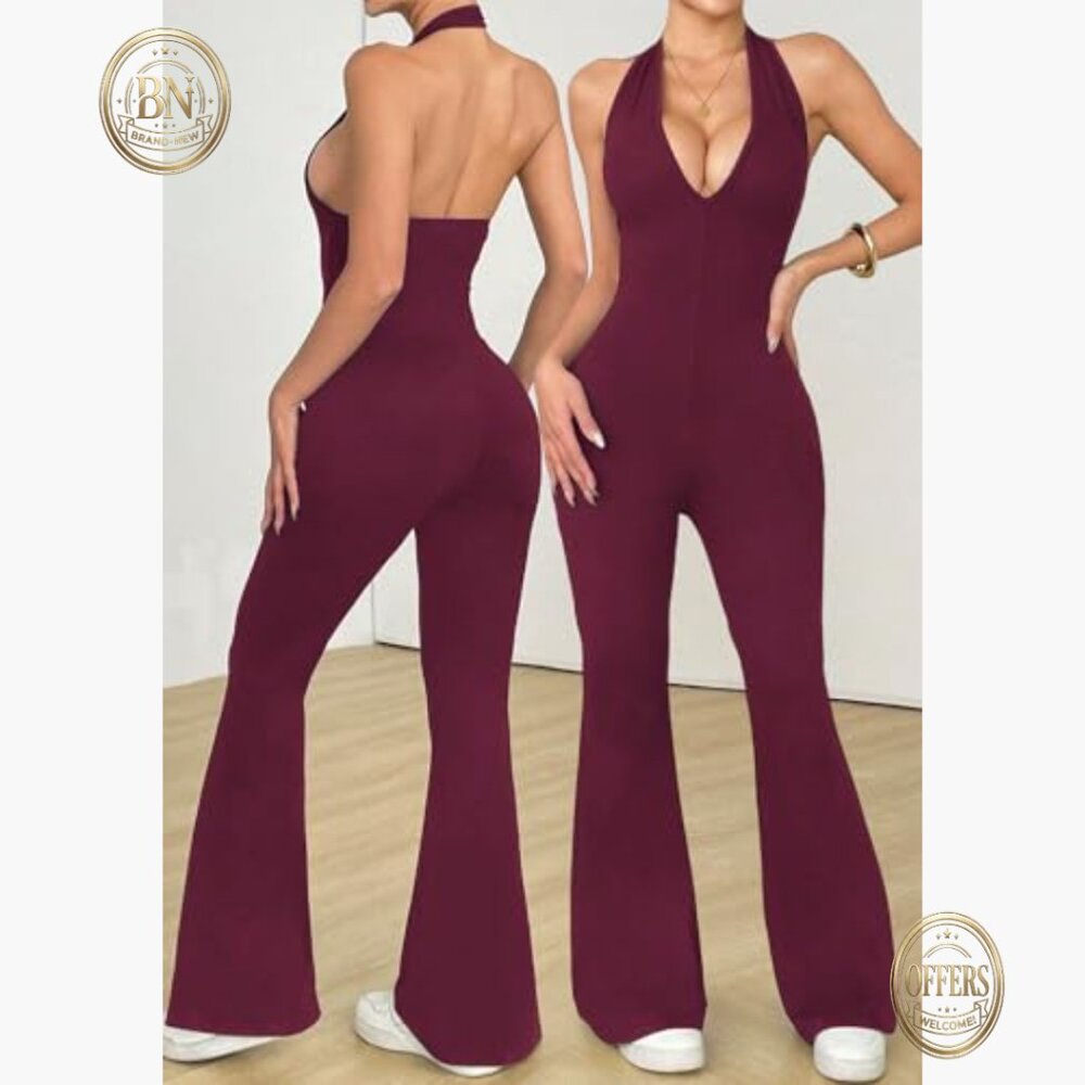 Polyester Elastane Halterneck Backless Flared Jum… - image 2